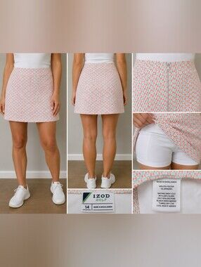 IZOD Golf Women’s Skort Size 14 Coral Aqua Geometric Print Stretch Built-In Shor